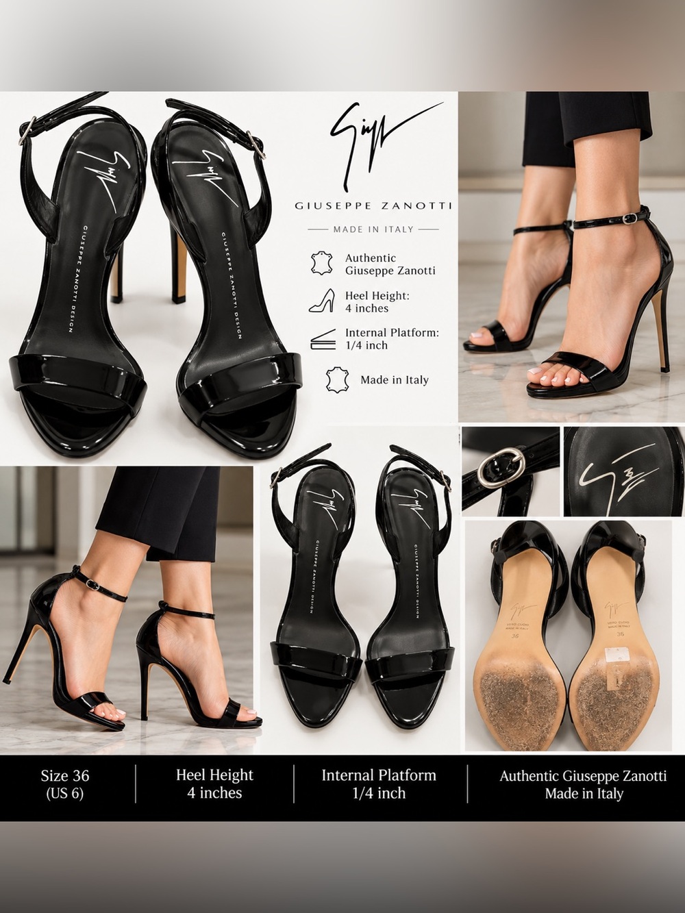 Giuseppe Zanotti Sophie Black Patent Leather Sandals Size 36